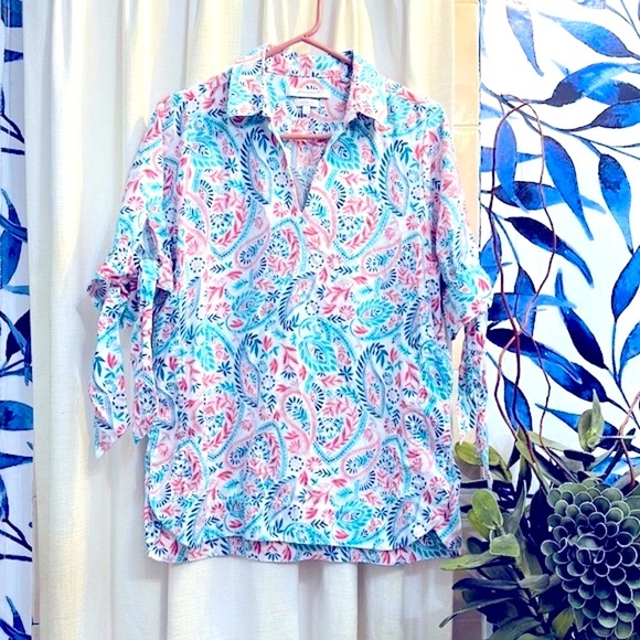 Women’s Foxcroft NYC Paisley Bow Cuff Non-Iron Tunic Top Size 8 - Picture 1 of 6